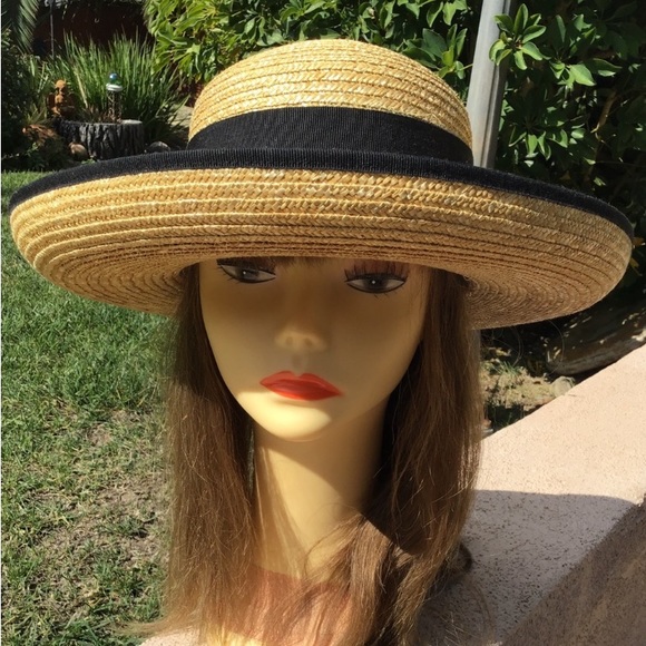 Vintage Nordstrom Straw Black Grosgrain Ribbon Sun Hat - Picture 5 of 14
